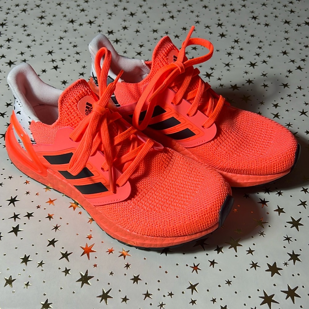 Adidas Ultra Boost 20, women’s size 5, orange and white.